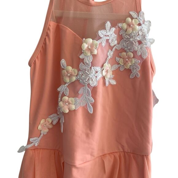 New Weissman Peach Floral Appliqué Dance Costume Dress Large Girl LC Leotard - Picture 2 of 5